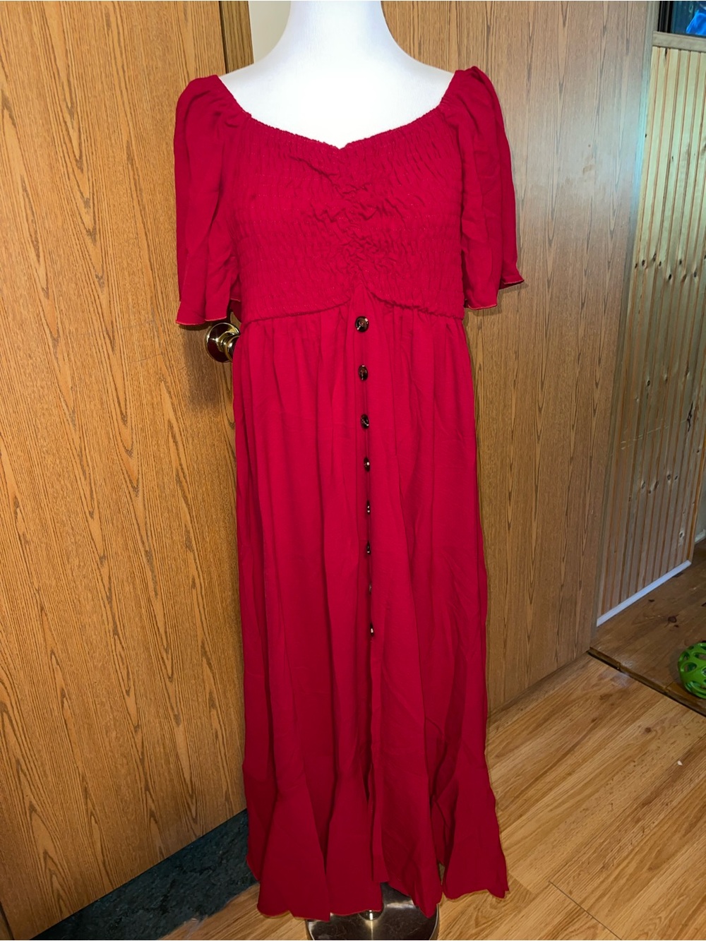 Smocked Red Button-Front Maxi Dress
